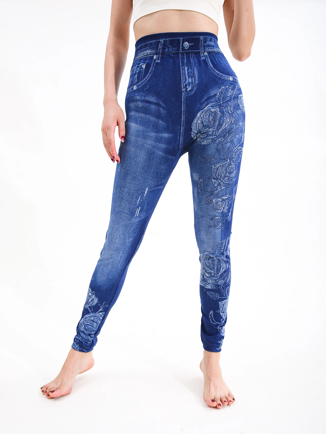 CUHAKCI Autumn Winter New Sketch Flower Women's High Waist Imitation Cowboy Underpants Red Punch Printed Sports Commuter Tights