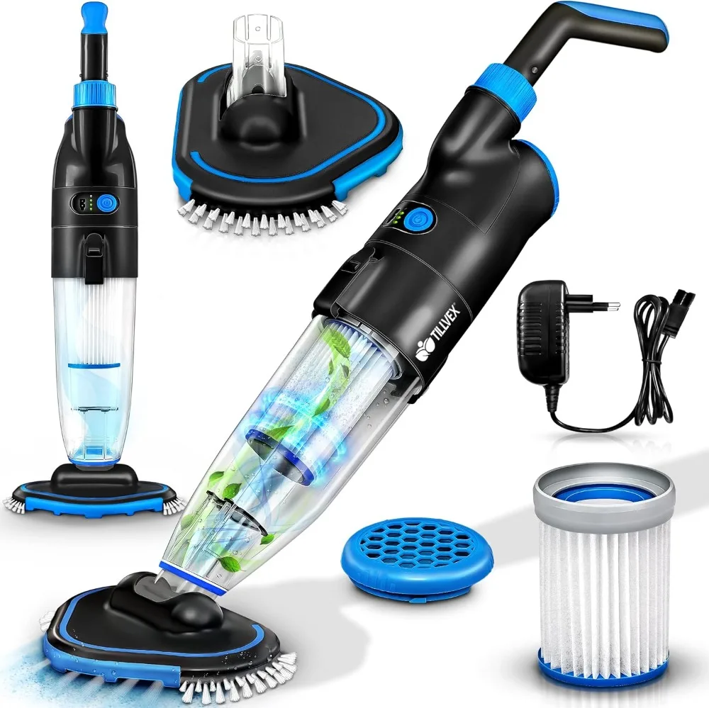 tillvex Limpiafondos Eléctrico de Piscina | Set Aspirador de Fondo Automático sin Mango Telescópico | Aspiradora Inalámbrica de