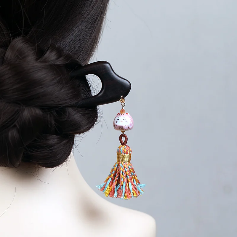 Двойная заколка для волос U-образной формы из черного дерева. Керамическая маленькая заколка для ушей. Милая двухниточная заколка для волос с мультяшным рисунком.