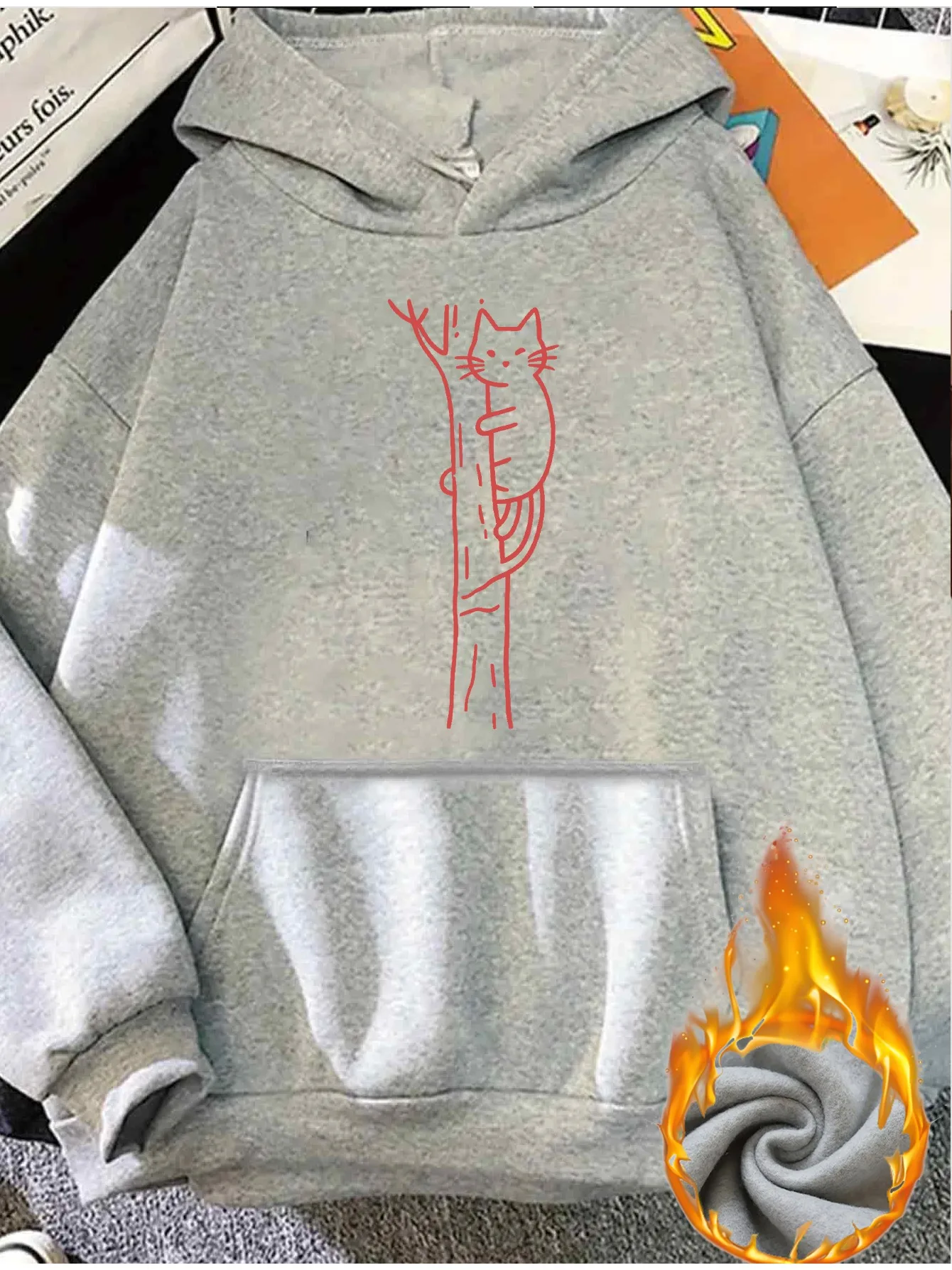 

Осень/зима женская винтажная толстовка с капюшоном с рисунком кошки, повседневная одежда, удобный пуловер в стиле ретро Y2K