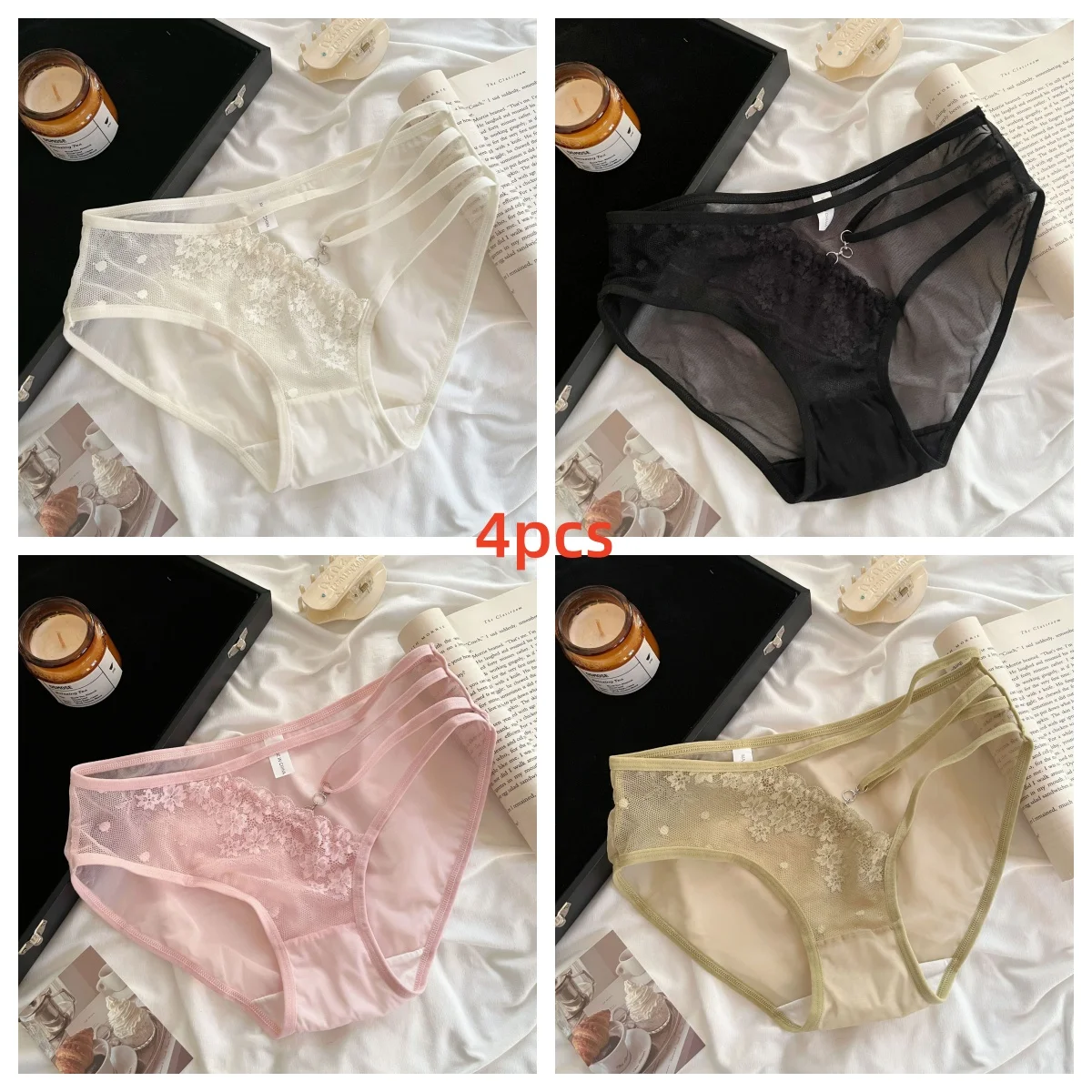 

4 Pieces Sexy French Lace Panties for Women Hollow Out Breathable Soft Cotton Crotch Ladies Triangle Underwear Low-rise Briefs