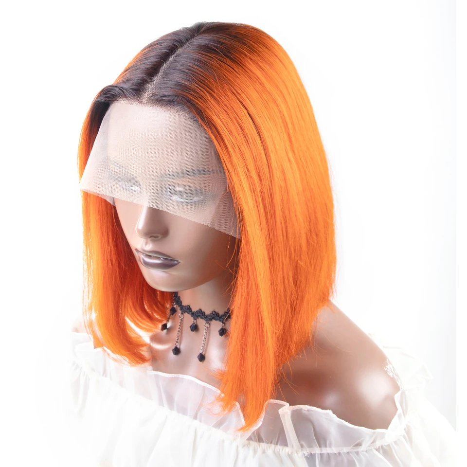 Laranja omber cor frente do laço peruca de cabelo humano para preto feminino em linha reta bob perucas em linha reta curto bob perucas de cabelo humano à venda