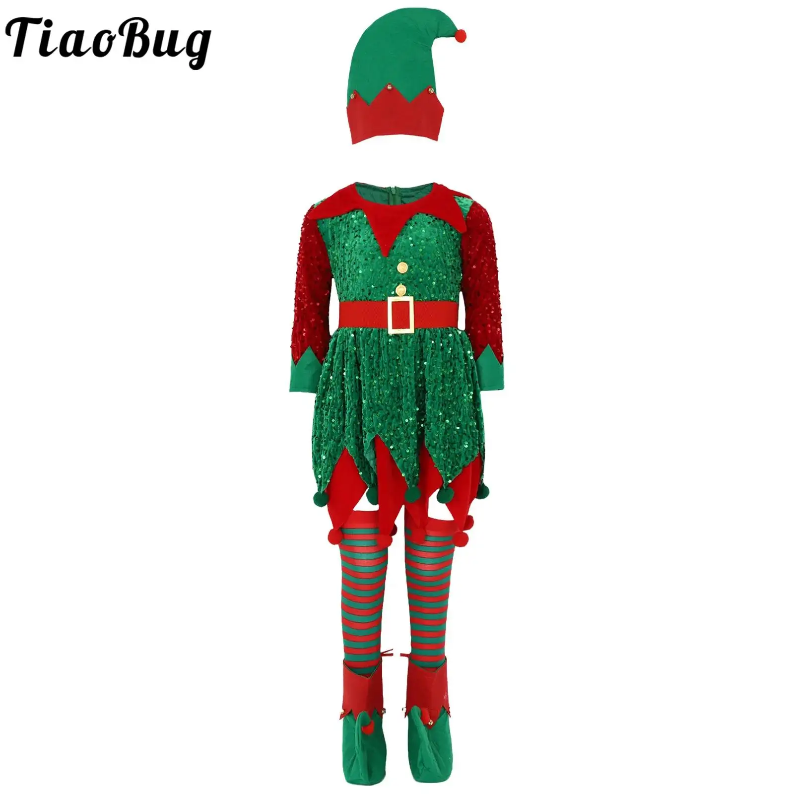 

Girls Christmas Santa Helper Costume Outfit Set Long Sleeve Zipper Sequins Jagged Hem Dress and Bells Hat Socks Shoes Covers