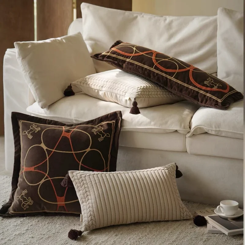 Horse Embroidery Pillows Modern Abstract Geometric Cushion Case Luxury Brown Decorative Pillow Cover For Sofa Chair Home Decor