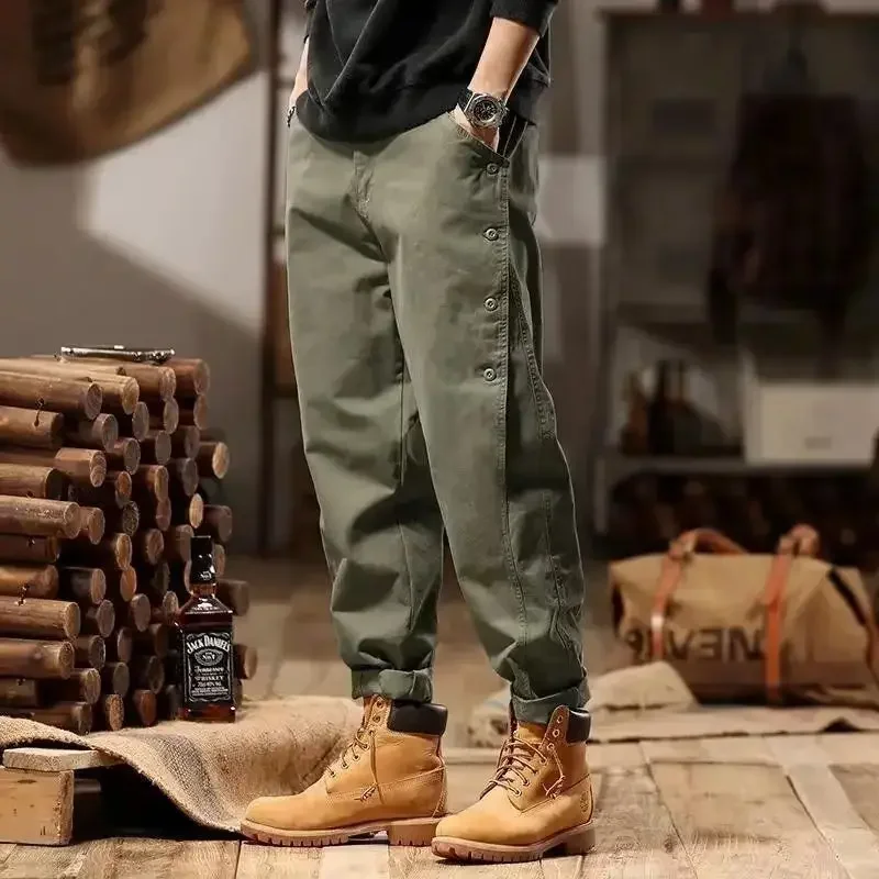 Loose Casual Fashion All-match Vintage Lantern Pants Men Elastic Waist Buttons Cotton Sweatpants Solid Button Pockets Trousers