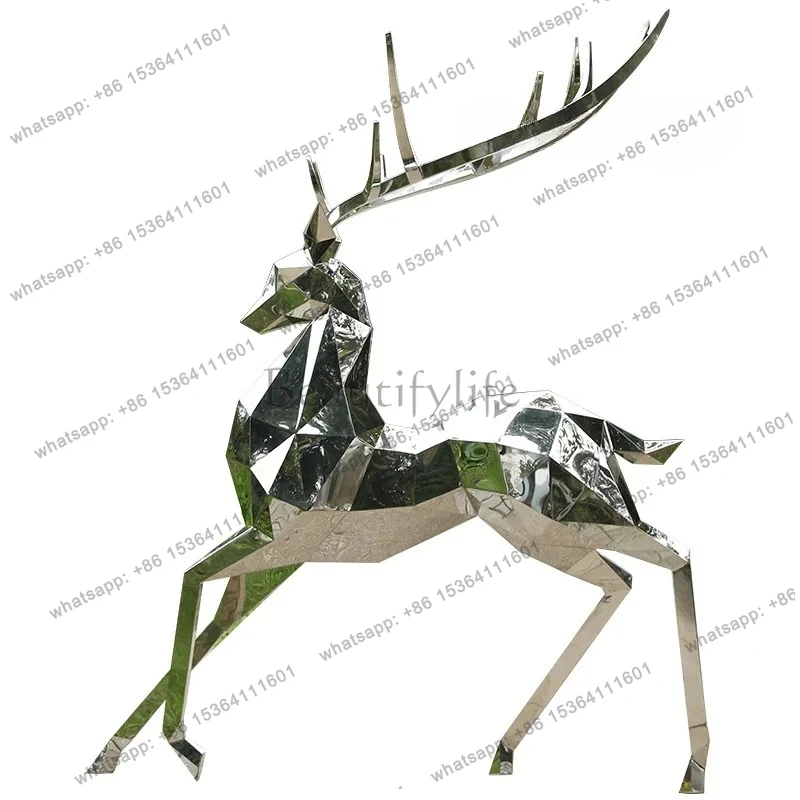 

Stainless steel deer sculpture large square mirror outdoor garden landscape deer handicraft ornament