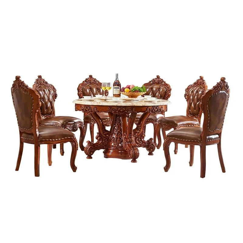 European round table all solid wood American retro dining  home marble dining table and chair combination