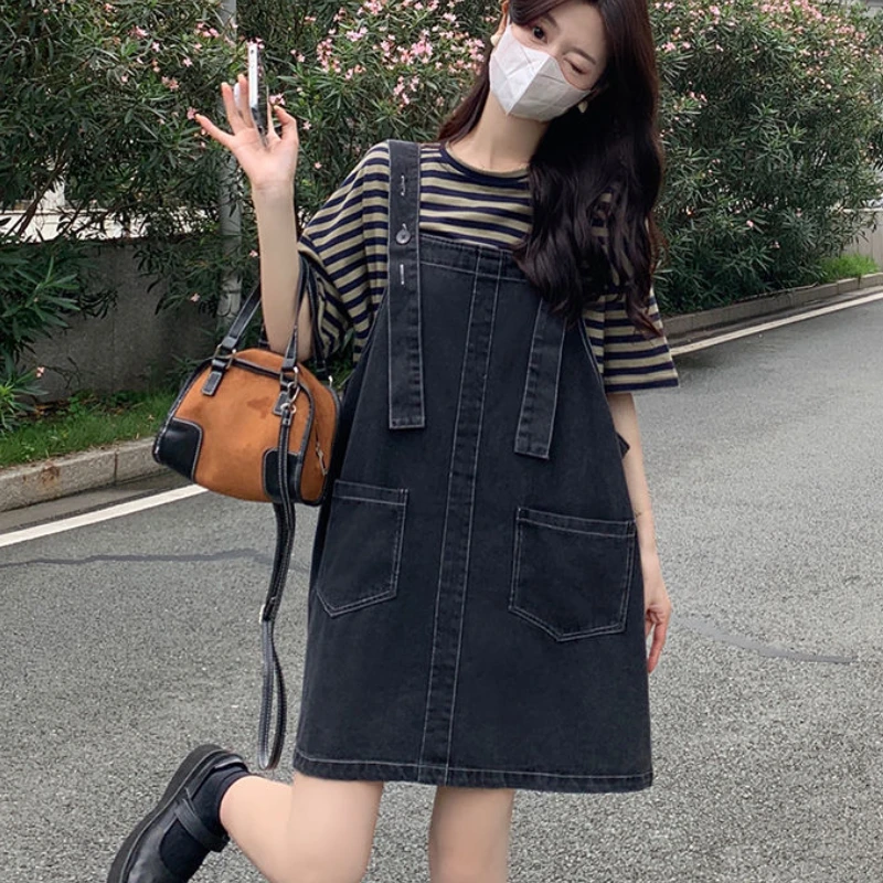 2 Pcs Sets Women Vintage Harajuku Casual Summer Students Striped T-shirts Denim Skirts Fashion Streetwear Korean Style All-match