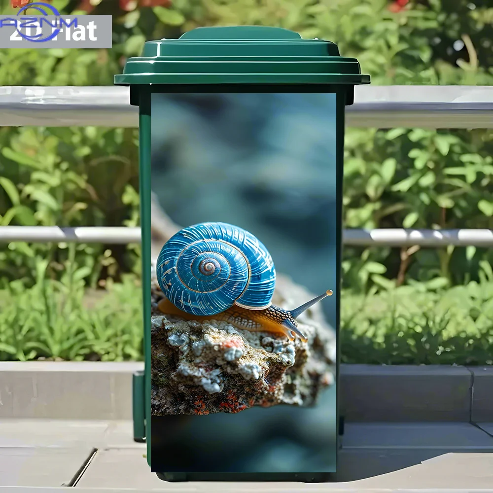 2D Flat Blue - Shell Snail Microscopic Trash Can Sticker – Waterproof, Removable, Nature Detail, Delicate Vibe, Bin Decoration
