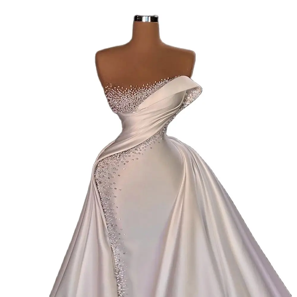 Elegant Strapless Sleeveless Detachable Tail Wedding Dress Fashion Pearls Court Train Mermaid Gowns Luxury Exquisite Bride Dress