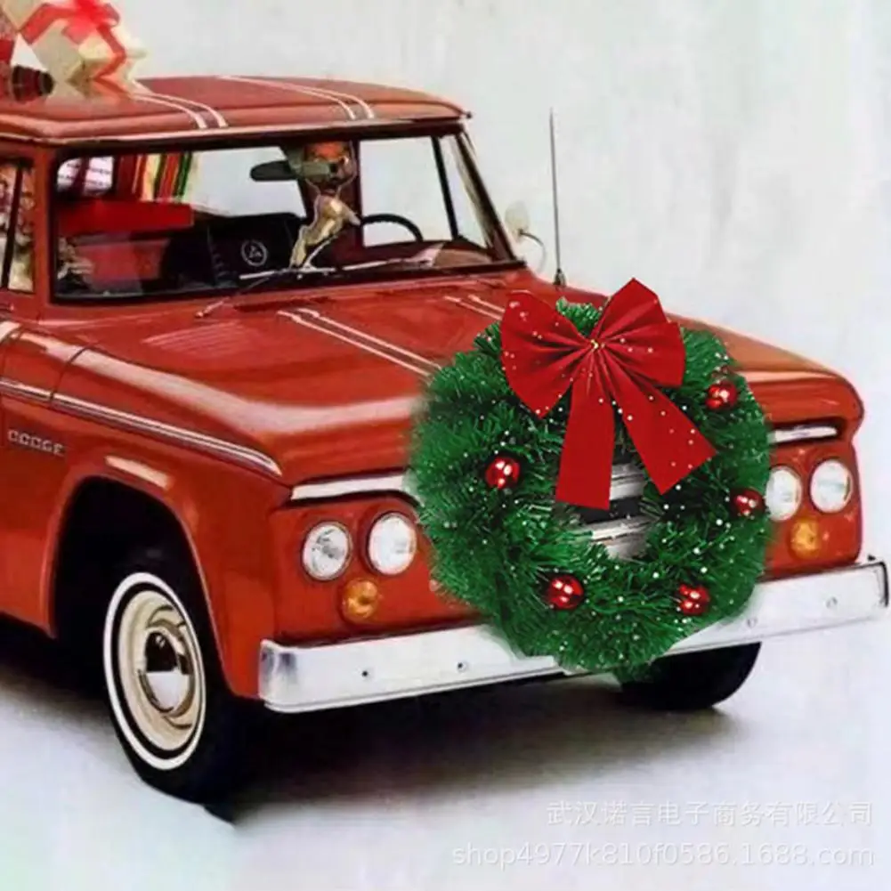 Christmas Car Wreath with Red Balls Large Bowknot Ties Car Garland Xmas Decoration Auto Front Grill Artificial Garland Pendant