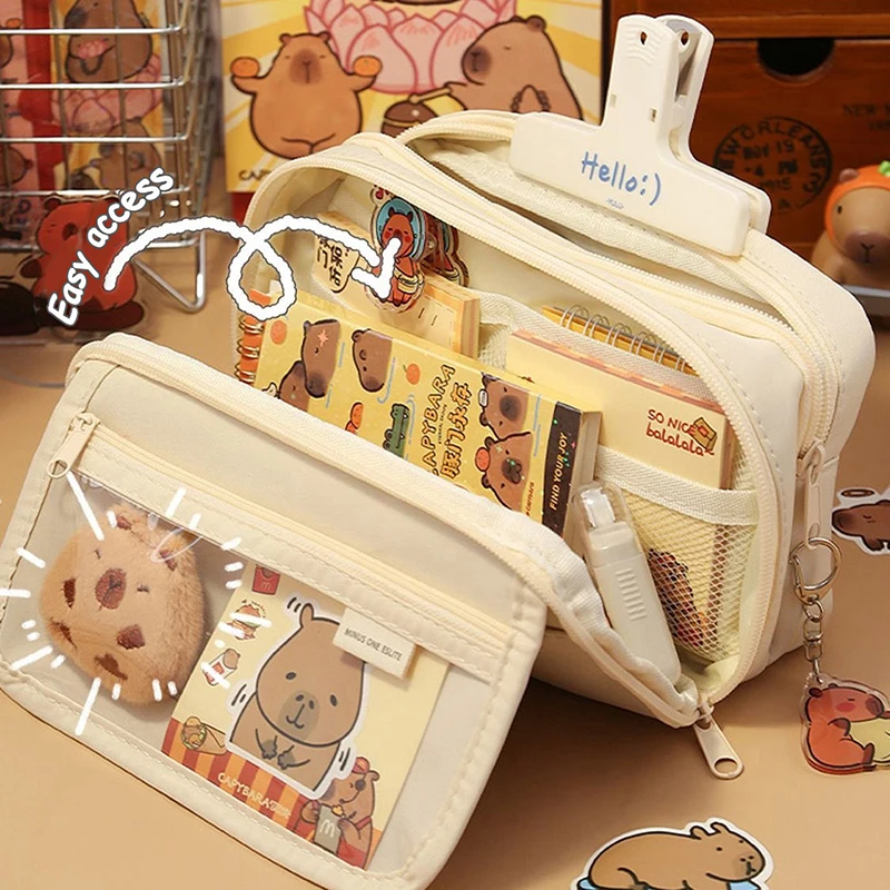 Large Capacity Pencil Bag Capybara Cartoon Stationery Holder Bag With Brooches Stickers Clips Keychains Children Pen Case