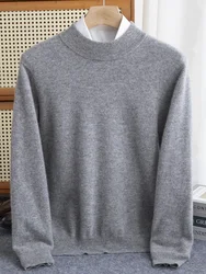 2024 New Autumn Winter Men Cashmere Sweater Mock Neck Pullover 100% Merino Wool Knitwear Soft Knitting Casual Fashion Top