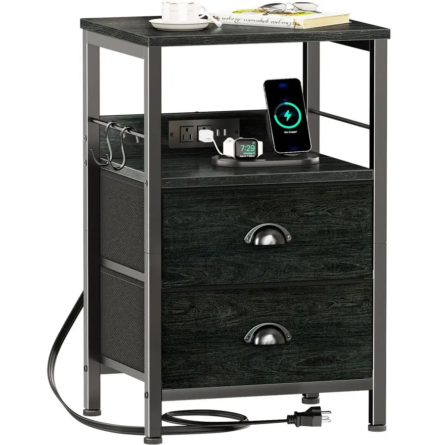 

Nightstand with Charging Station, Black Night Stand with 2 Fabric Drawers, Side Table with USB Ports, End Table with Storage Sh