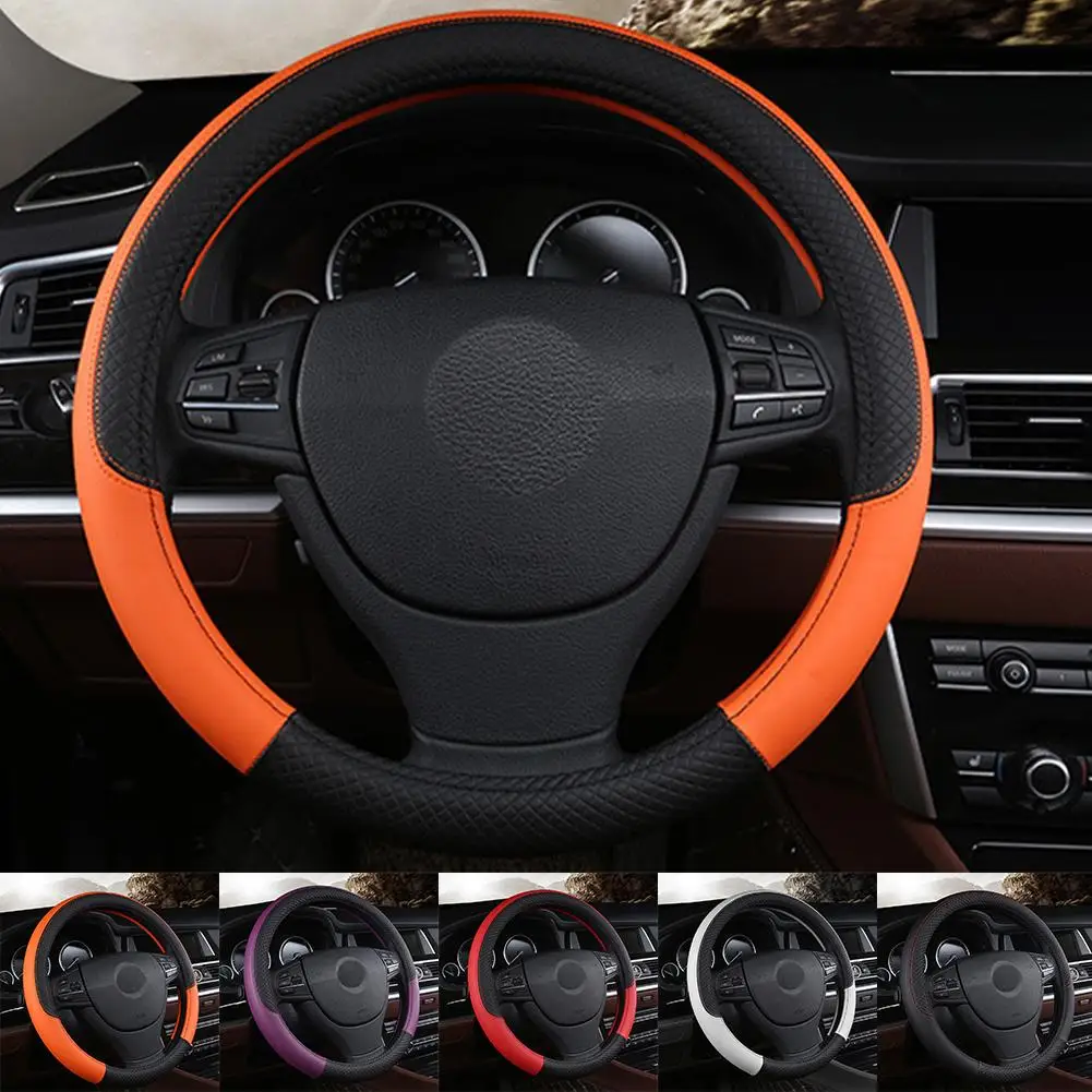 

38cm Steering Wheel Cover PU Leather Anti Slip Steer Fiber Braid Steering Wheel Cover Protector Breathable Universal P4D6