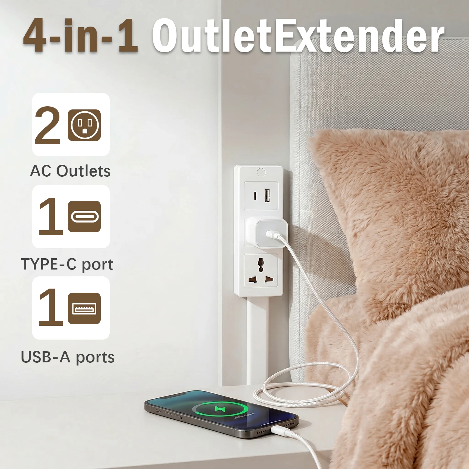 3 Style Retractable Sockets in Various Shapes US Plug Power Strip with AC Outlets USB Port(USB-A/C),Adjustable Electrical Outlet Extender Stick,Multi Socket Wall Socket Universal for Hard-to-Reach Wall Outlets Behind Couch,Bed,Desk or Nightstand