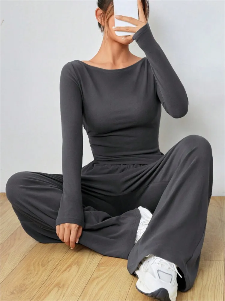 

Casual Women's Clothes Yoga Sport Set Women's Two-Piece Wide-Leg Pants Set Soft Tracksuit Suit Fashion Irregularitie Suit，2-Pcs