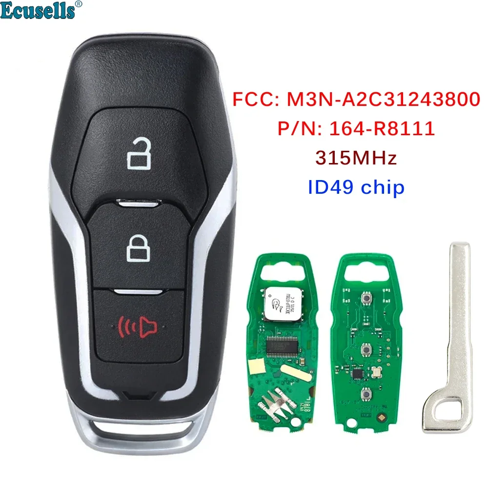 

3 Buttons Remote Car Key 315MHz ID49 Chip for Ford Edge Mustang Fusion Explorer 2015 2016 2017 M3N-A2C31243800,164-R8111