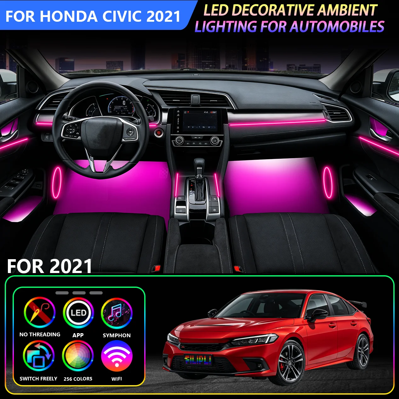 18‑in‑1 RGB Acrylic Car Interior Ambient Light Kit, Multi‑Color LED Car Decor Lighting, Dynamic Mode Interior Strip Light, Fit For Honda Civic 2021