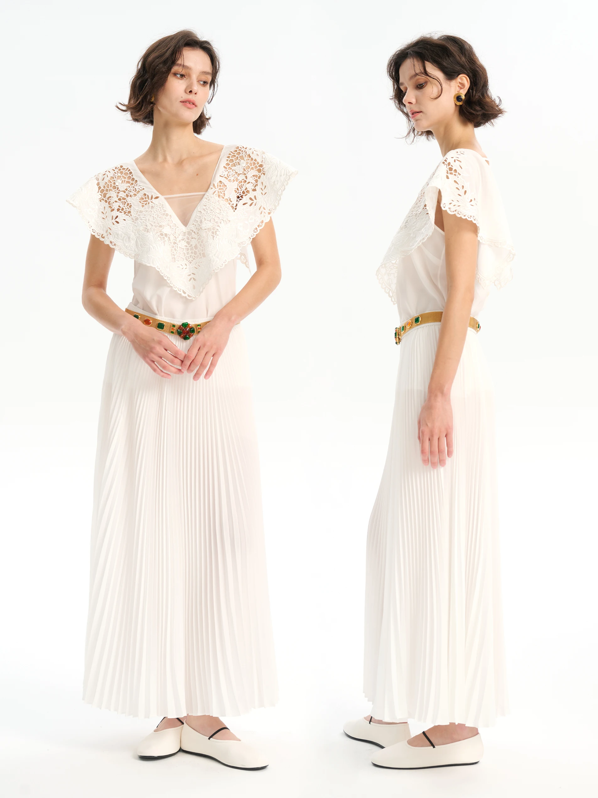 

Романтический комплект MAIMAI: шелковый топ с вышивкой и вырезами, V-образный вырез, изысканная отделка, цвет белый ледник, и юбка. Женский модный ансамбль.