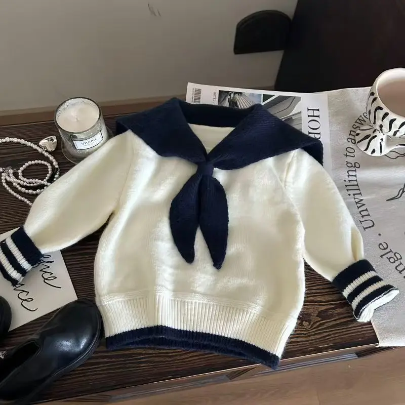 

Navy Collar Girls' Sweater Autumn And Winter New Children's Clothing Pullover Knitted Sweater Versatile Warm Baby Top