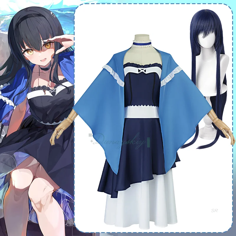 

Аниме летние карманы Kushima Kamome косплей костюм темно-синее платье с шалью парик для женщин и девочек Хэллоуин карнавал