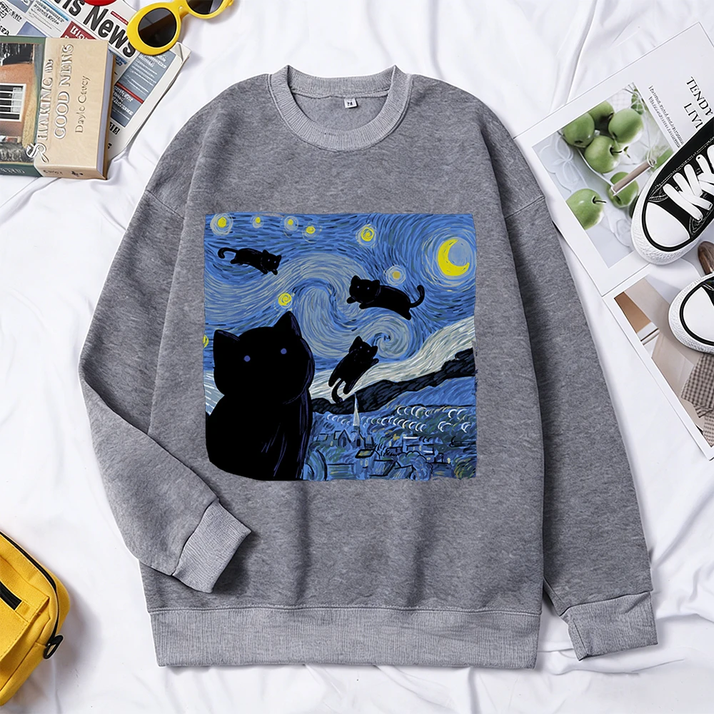

Толстовка с рисунком «Кот в звездное небо», мужские осенние флисовые пуловеры с длинными рукавами и круглым вырезом, свободная одежда унисекс