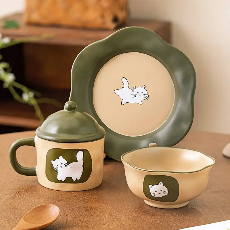 Cute Cat Exquisite Tableware Set Ceramic Three Piece Set Plate One Person Eating Ritual Tableware Set Household Mug