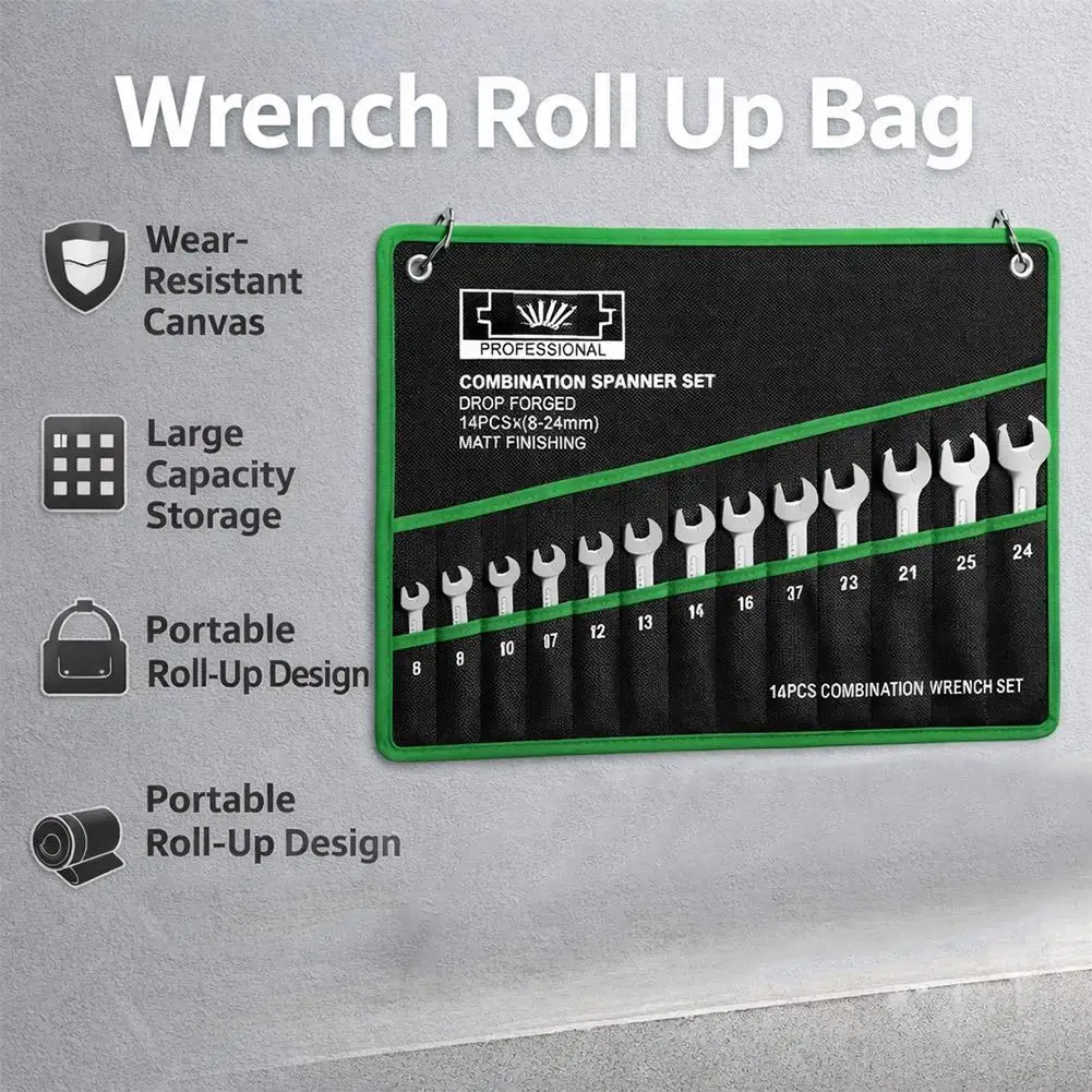 14-Pocket Tool Organizer Roll - Durable Wrench and Multi-Tool Storage Bag with Portable Handle for Garage and Workshop