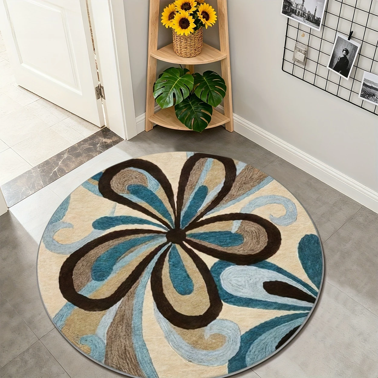 Soft Teal Background White Big Flower Circular Area Rug  Botanical Plant Print Round Mat Anti Slip Living Room Indoor Doormat