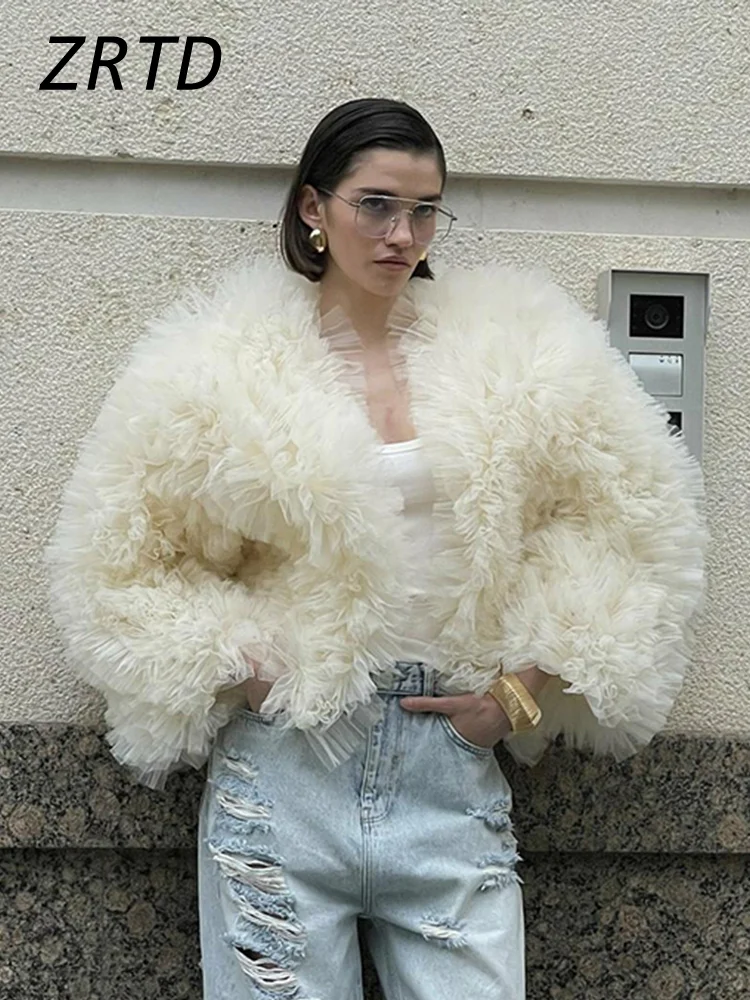 Street Tulle Lace Short Coats Women Loose Long Sleeve Female Fluffy Cardigan 2024 Autumn Lady Fashion Solid Open Stitch Outwears