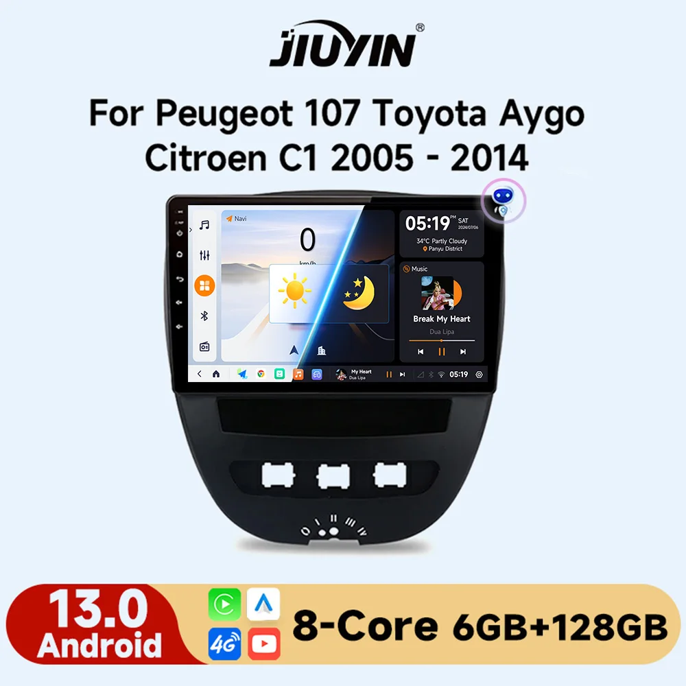 

JIUYIN Android 13 Car Radio For Peugeot 107 Toyota Aygo Citroen C1 2005 - 2014 wireless CarPlay Android Auto No 2 din 2din DVD