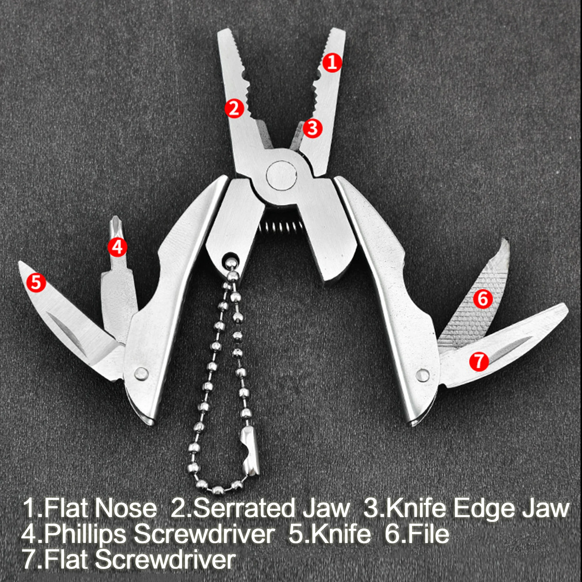 STONEGO 1PC Mini Plier Keychain Multitool Plier -  Wire Cutter, Phillips Screwdriver, Knife, File & Flat Screwdriver