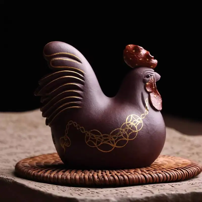 Yixing Original Purple Clay Pet Ornament, Golden Rooster Good Luck Prosperity, Pure Handmade By Renowned Artists, Can Be Used