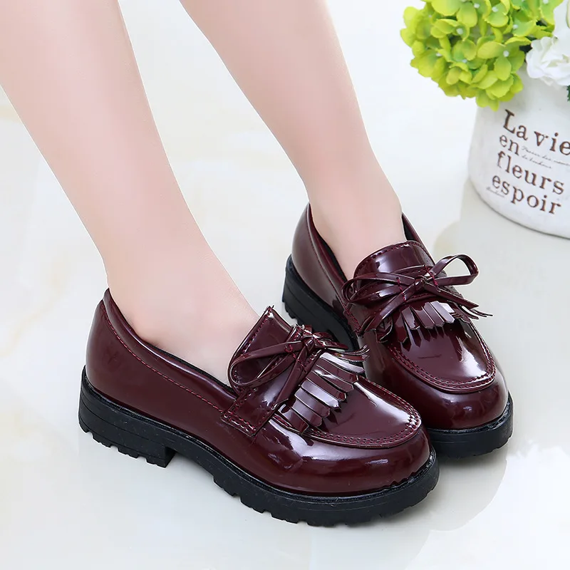 Girls Performance Leather Shoes Bow-knot with Tassels Chic Princess Loafers Slip-on Kids Flats for Wedding Party Children Shoes