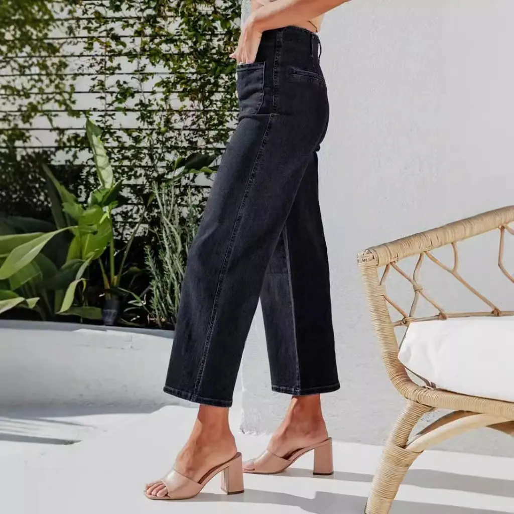 Retro damesjeans met hoge taille en wijde pijpen, enkele rij gesp, losse, rechte casual broek in Europese en Amerikaanse stijl