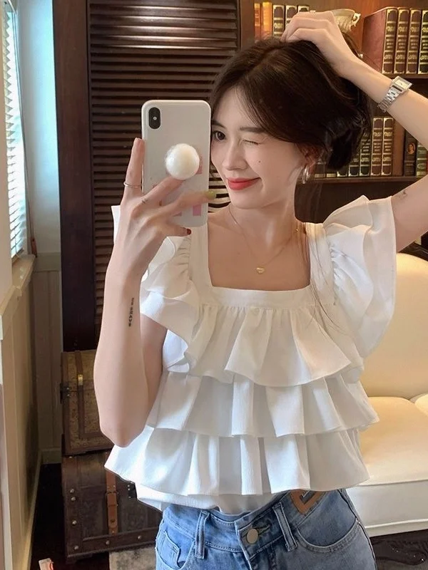 Ele Square Collar Ruffle Sve irt Women's ort Design Sense Tie Summer New Sle Anti-Wrinkle Regular Thin