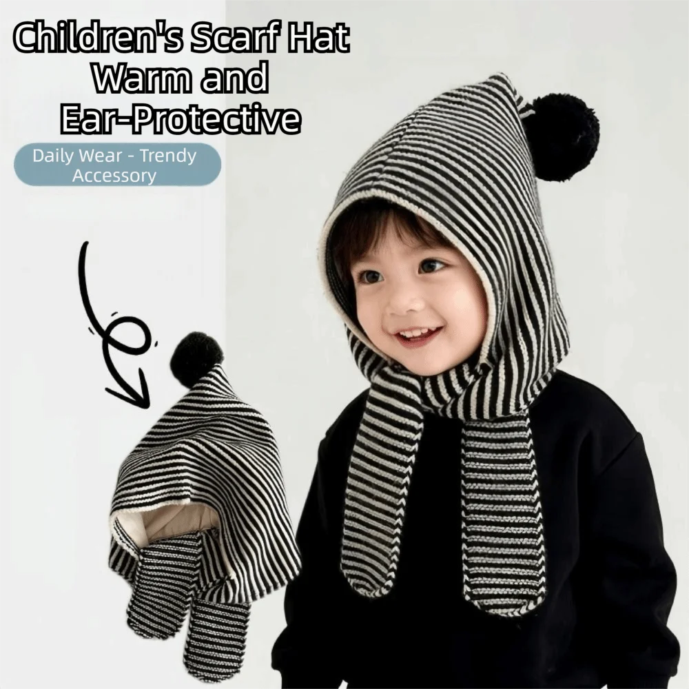 

2-in-1 Children's Scarf Hat Thick Striped Design Knitted Hood Scarf Windproof Comfortable Kids Warm Cap Boys Girls