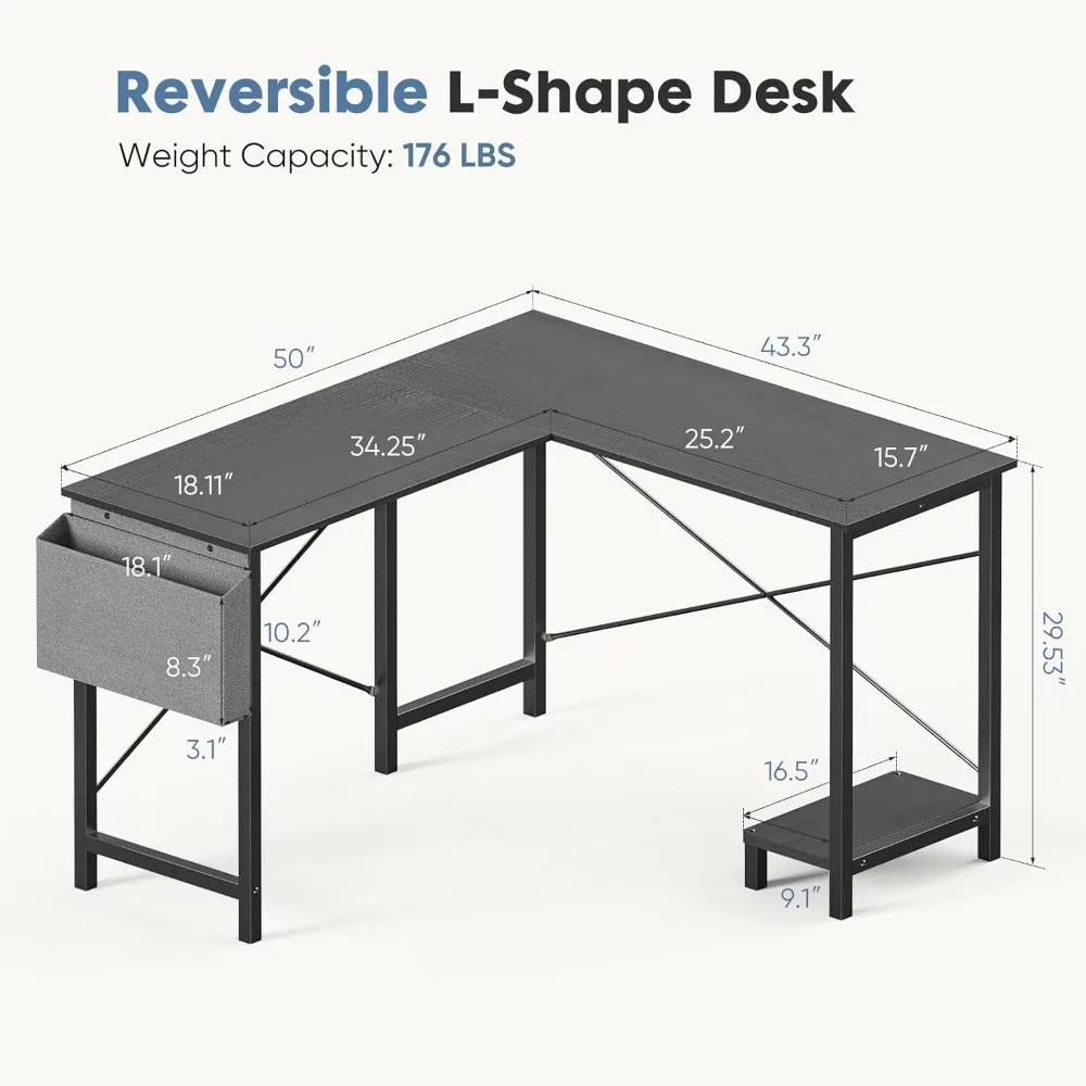 L Shaped Computer Desk, PC Gaming Table, Preto, 50"
