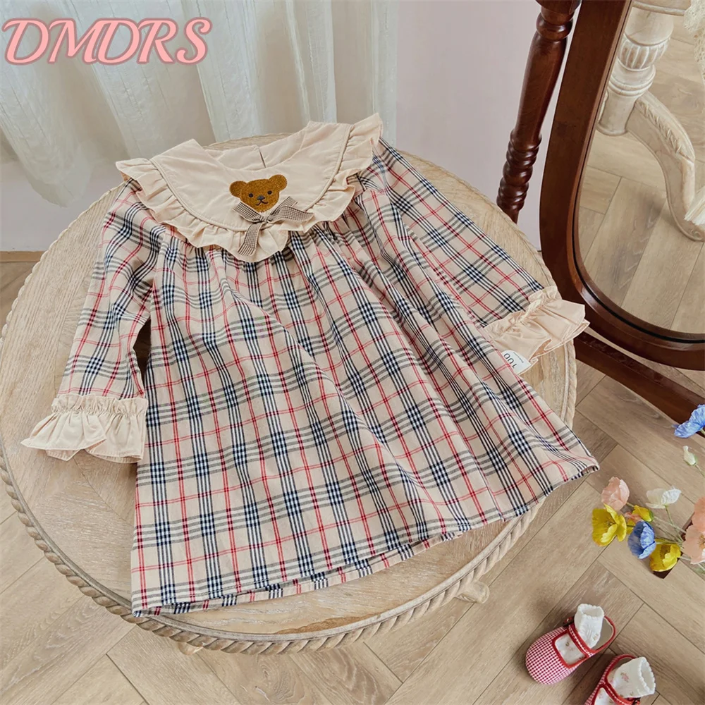 Cute Bear Embroidery Plaid Girls Dress 2025 Autumn Winter New Long-Sleeved Dress Simple Ruffle Temperament Children's Dress Vest