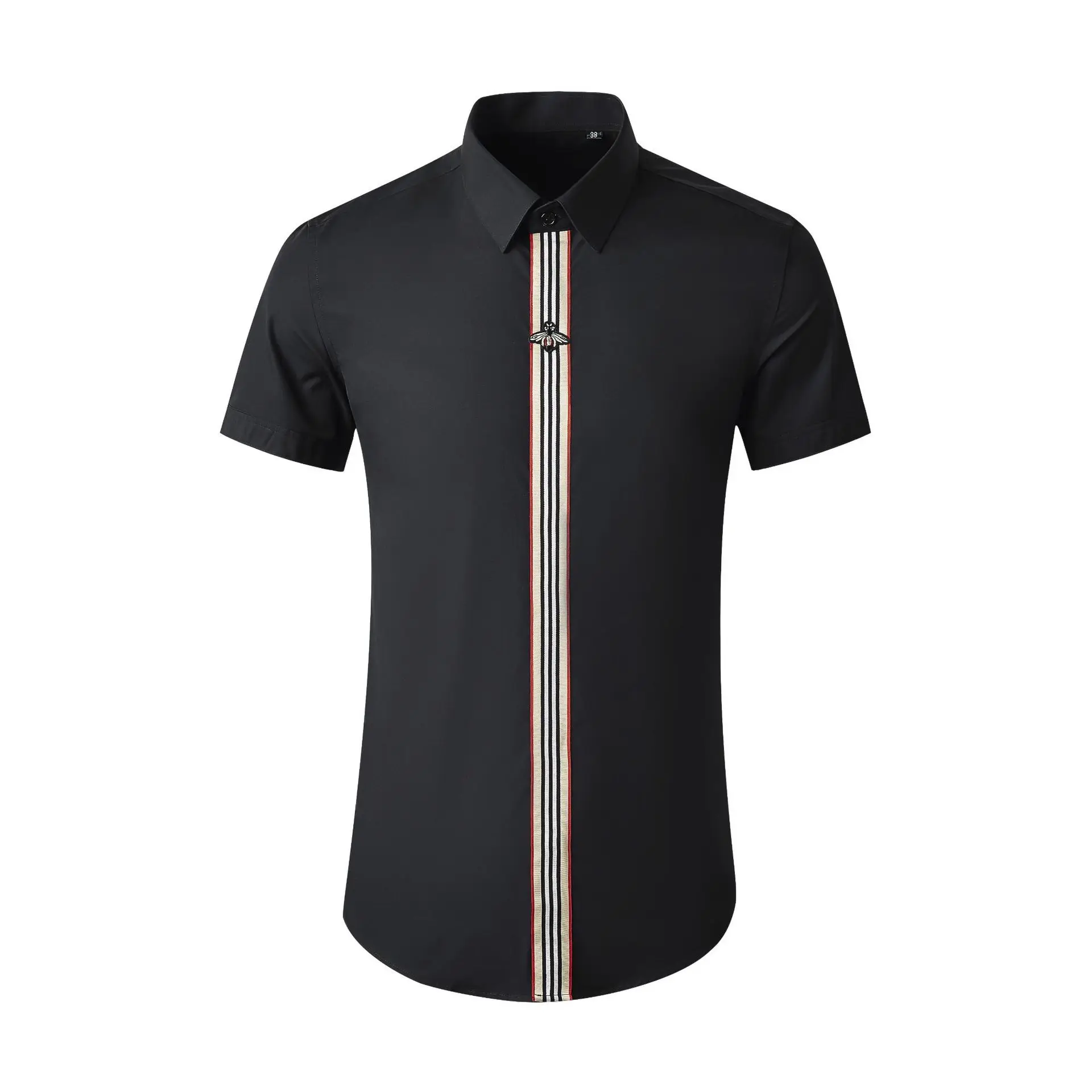 

Summer short sleeved placket with woven straps, men's light cooked shirt, fashionable slim fitting single garment