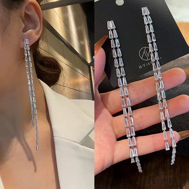 Luxury Shiny Crystal Zircon Long Tassel Earrings for Women Geometric Hanging Drop Dangle Earrings Female Wedding Party Jewelry