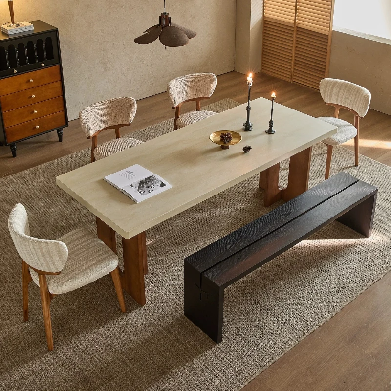 Retro bottom hanging travertine dining table rock slab antique designer home solid wood dining table and chair combination