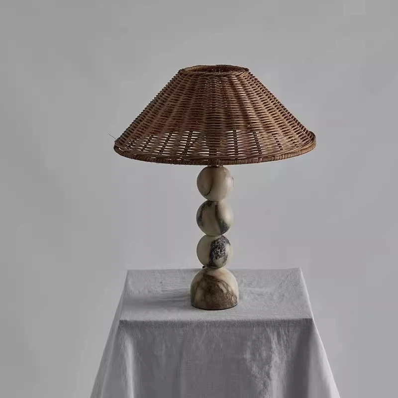 

Japanese Wabi-sabi Marble Bead LED Table Lamps Taper Bamboo Weaving Lampshade Living Room Bedroom Restaurant Office Desk Lights