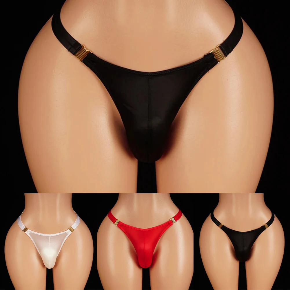 Men Sexy Briefs Underwear Glossy Smooth Briefs Narrow Double Belt Bulge Pouch Thong Underwear Lingerie Underpant