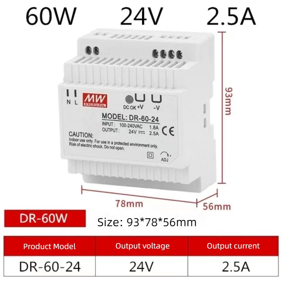 Switching Power Supply DR-60W-24V DR-120W-12V MDR-60W-24V Rail Type Switching Power Supply 220V to DC 5V 12V 24V