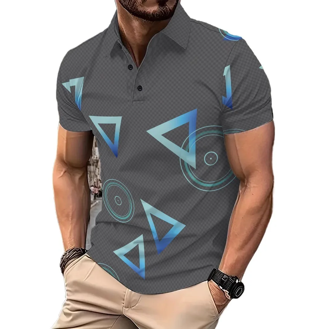 

Fashion New Design Triangle Circle Graphic 3D Printed Golf Polo Shirt Breathable Quick Dry Sports Short Sleeve Lapel Polo Shirts