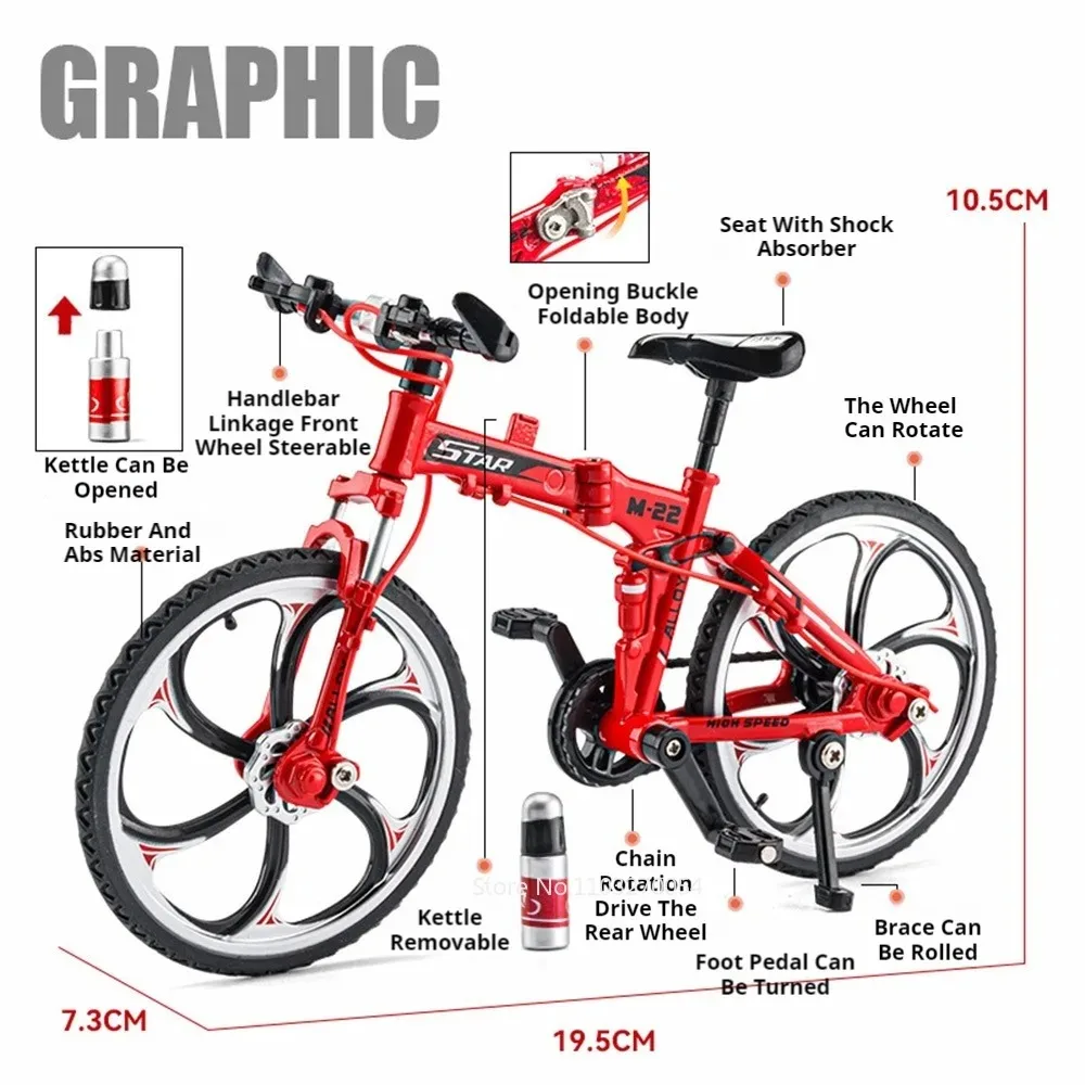 1:8 Flat Folding Mountain Bike Model Toys Alloy Diecast Bicycles Front Wheel Steering Rubber Tires for Boys Educational Toys