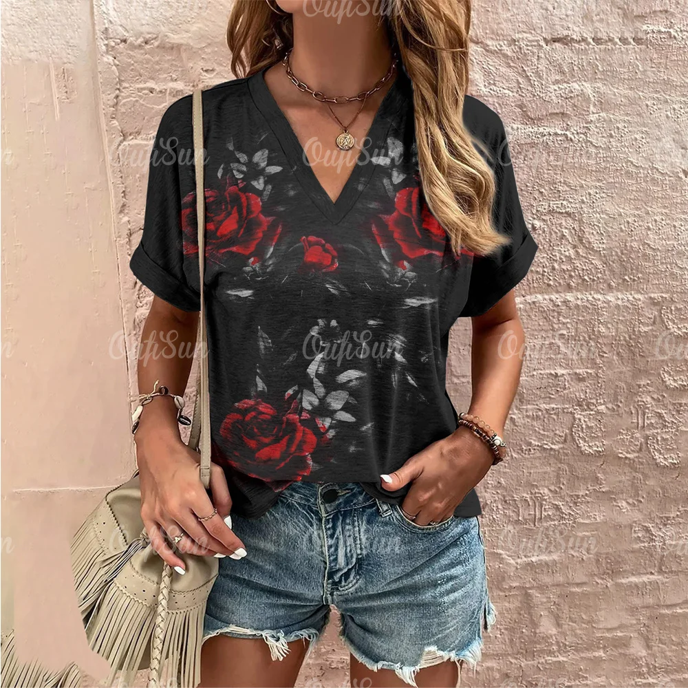 2024 New Women\'s T-Shirts Summer 3D Rose Print Fashion V-neck Short Sleeves Tee For Women Casual Oversized Tops Clothing