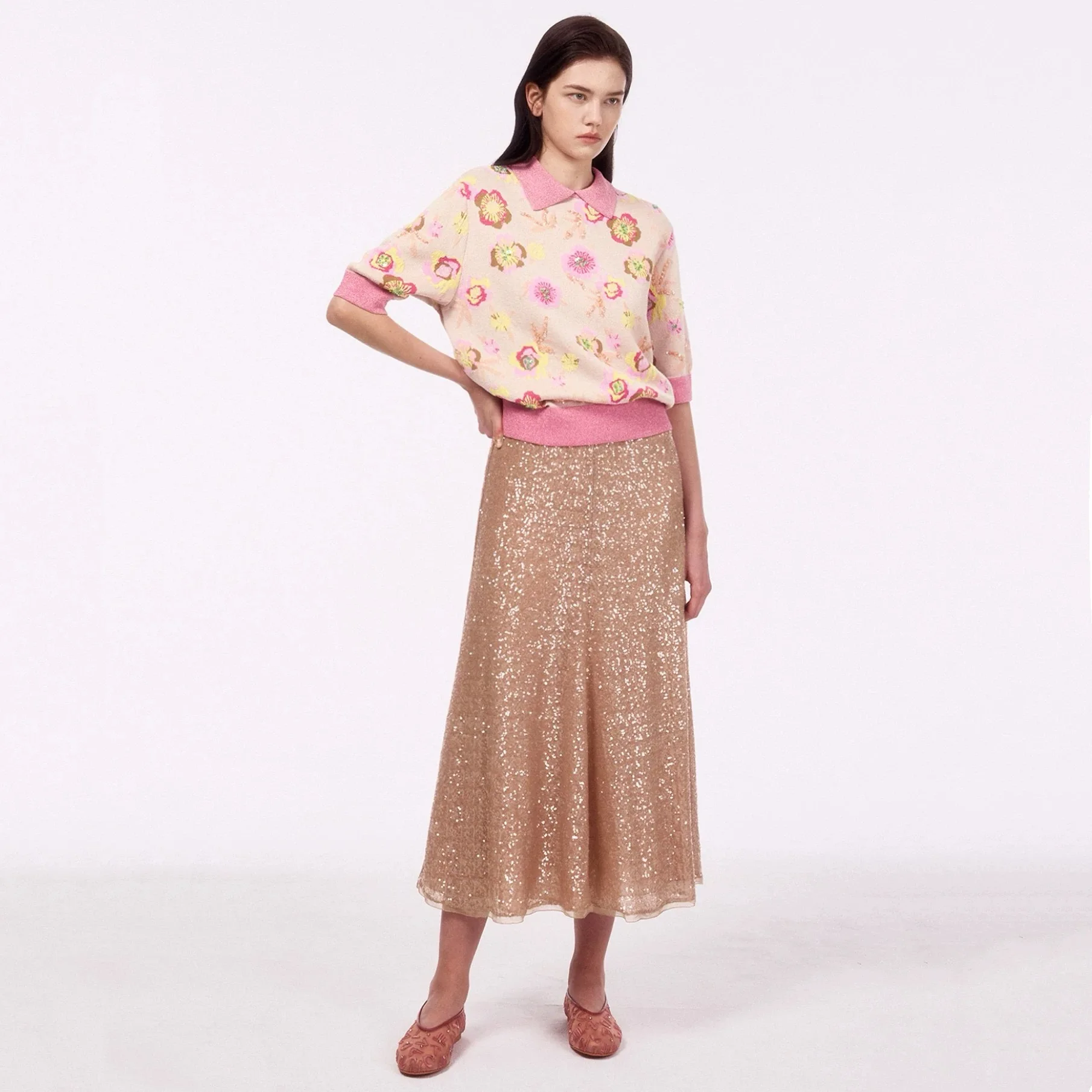 Lemon Cheese Knitted irt ort Sve  Collar Sequin Flower Pattern Versatile Ele Sle Women's Spring Faion